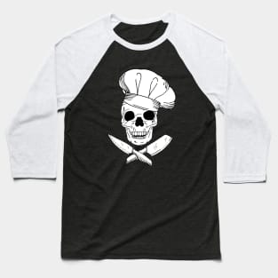 Skull Wearing Chef Hat and Crossed Kitchen Knives Baseball T-Shirt